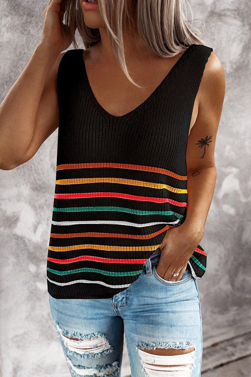 Casual Striped Split Joint V Neck Tops(4 Colors)