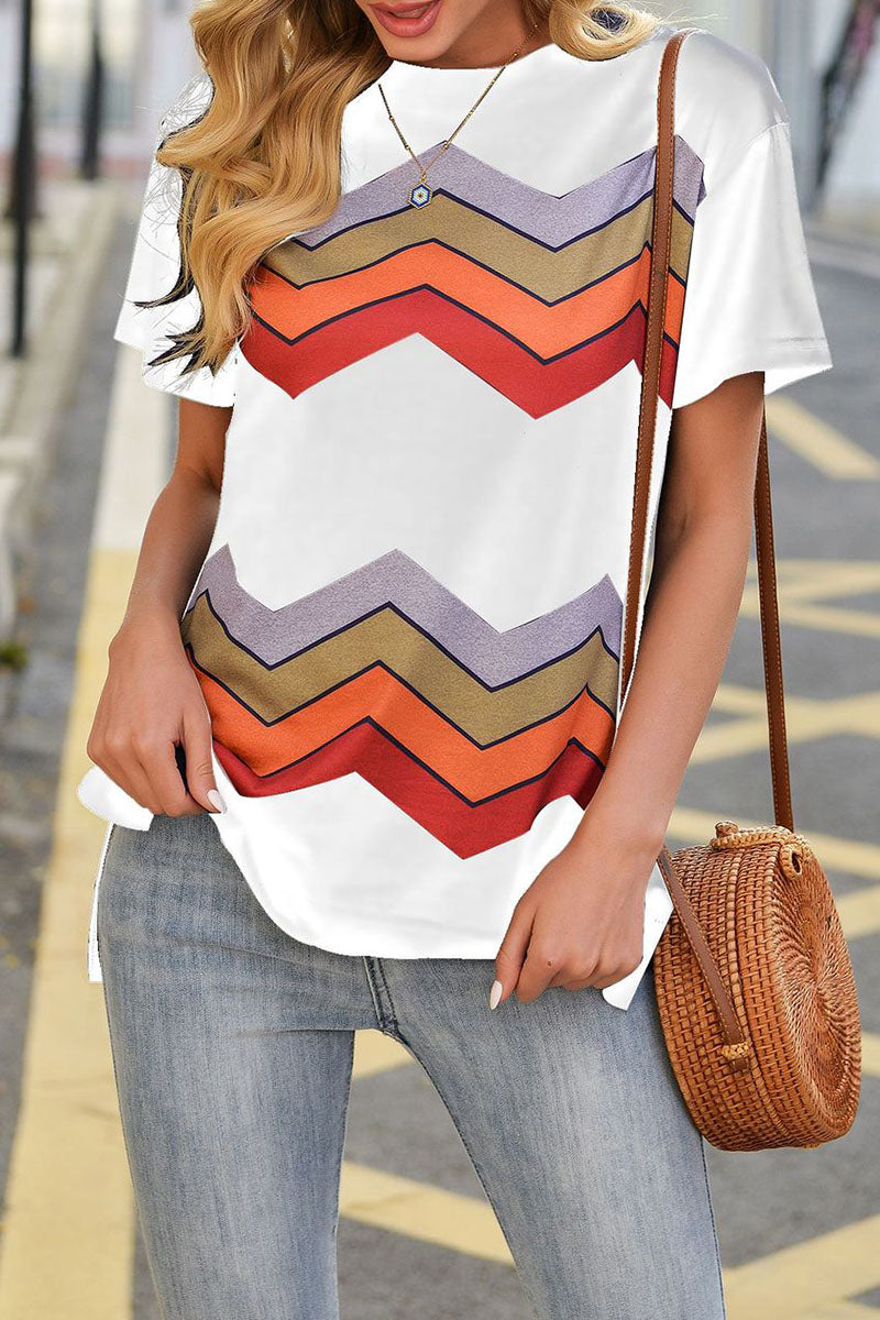 Fashion Street Striped Split Joint O Neck T-Shirts