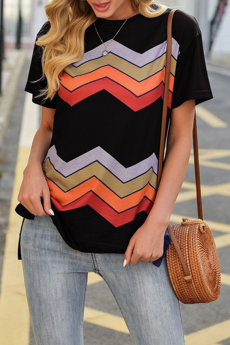 Fashion Street Striped Split Joint O Neck T-Shirts