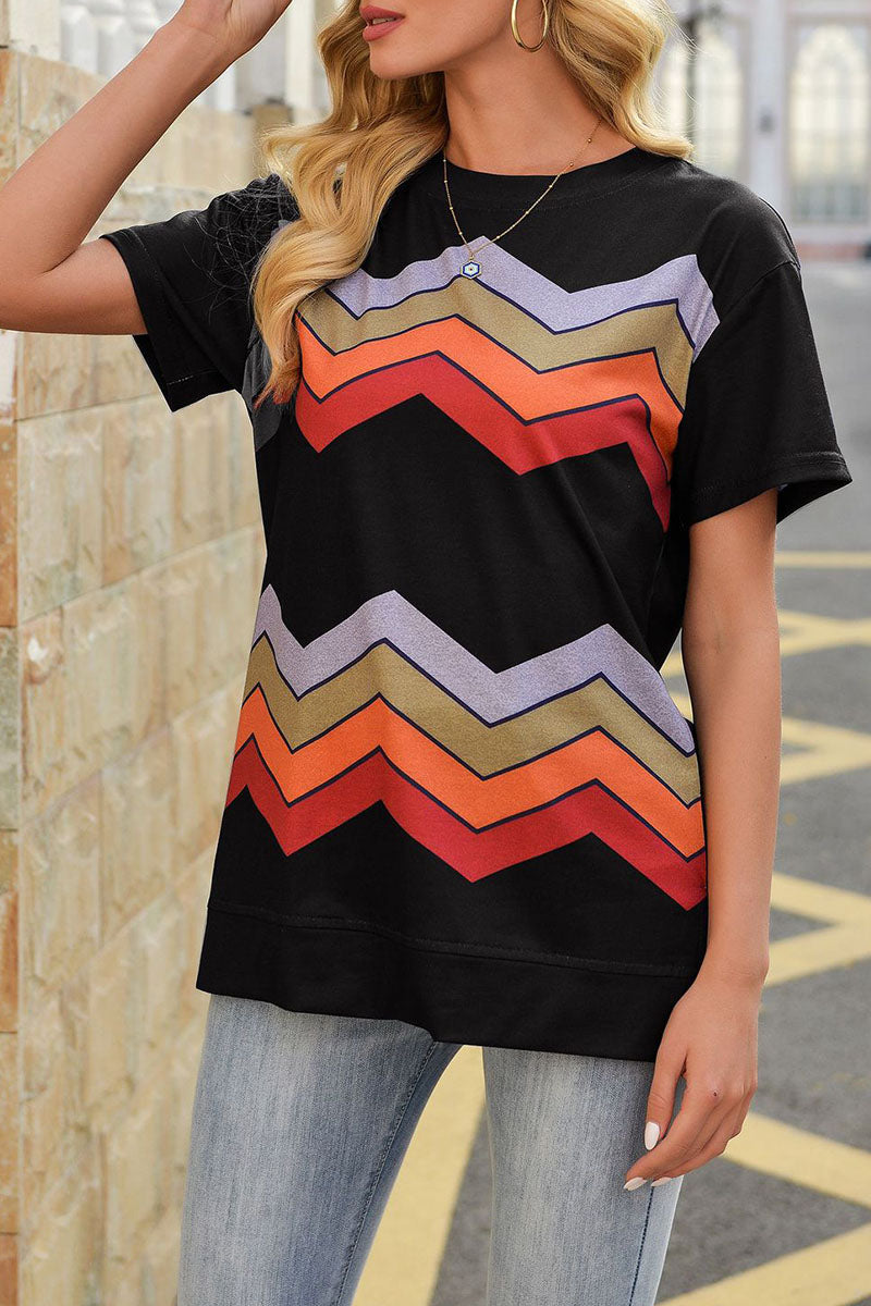 Fashion Street Striped Split Joint O Neck T-Shirts