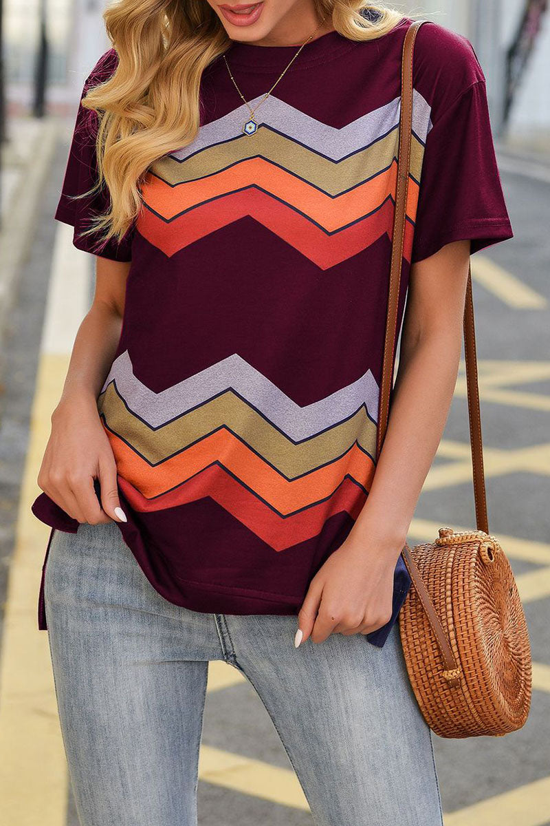 Fashion Street Striped Split Joint O Neck T-Shirts