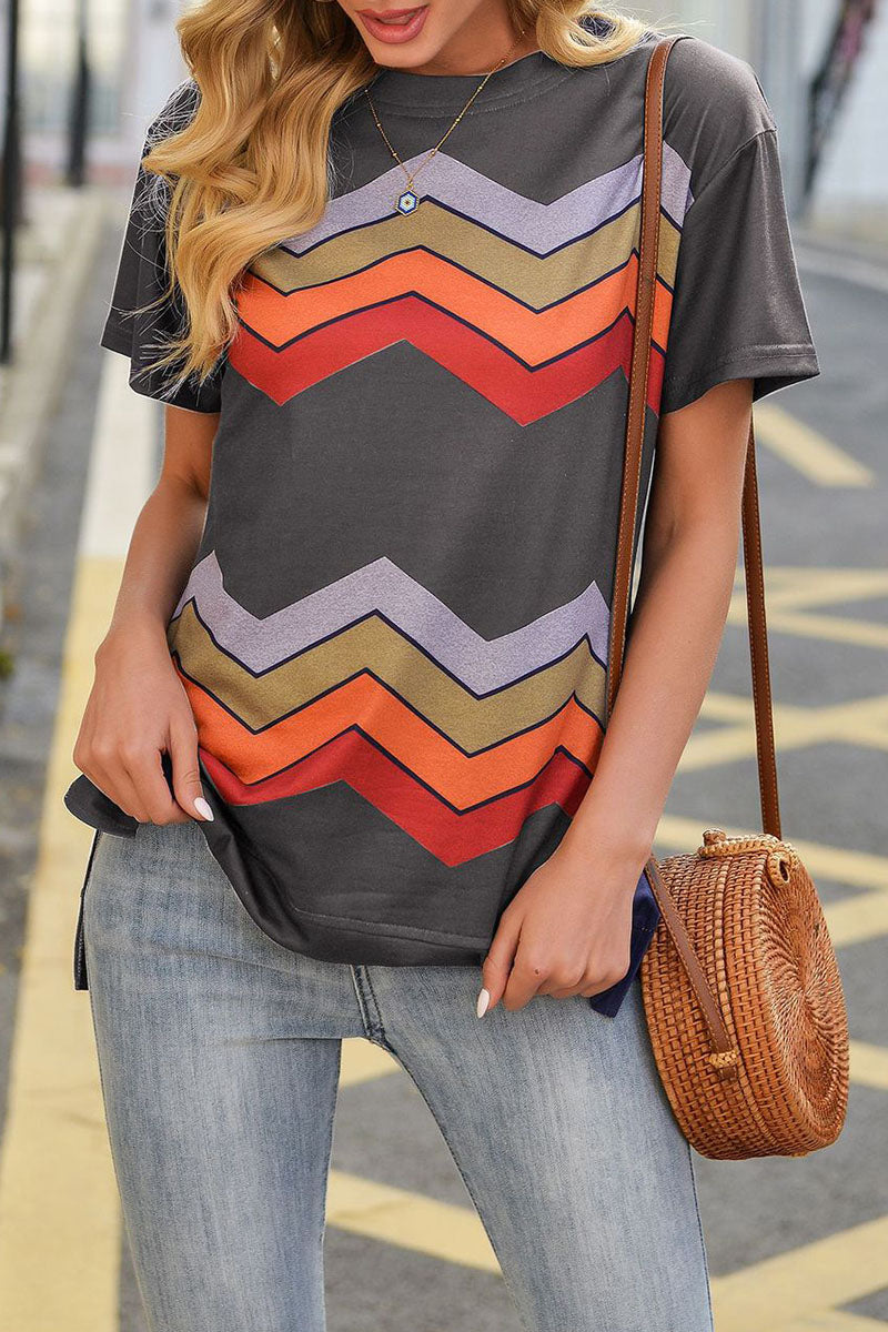 Fashion Street Striped Split Joint O Neck T-Shirts