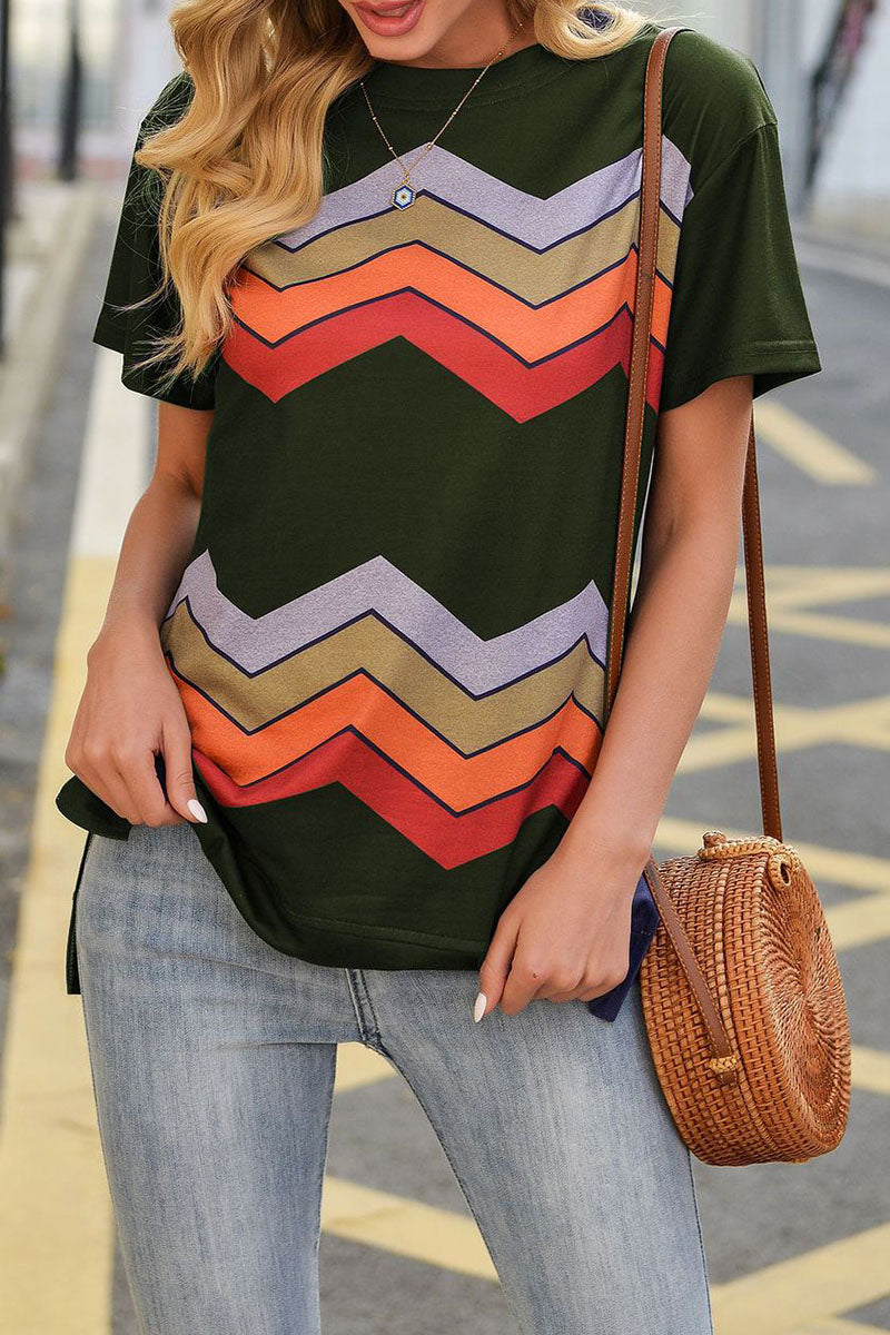 Fashion Street Striped Split Joint O Neck T-Shirts