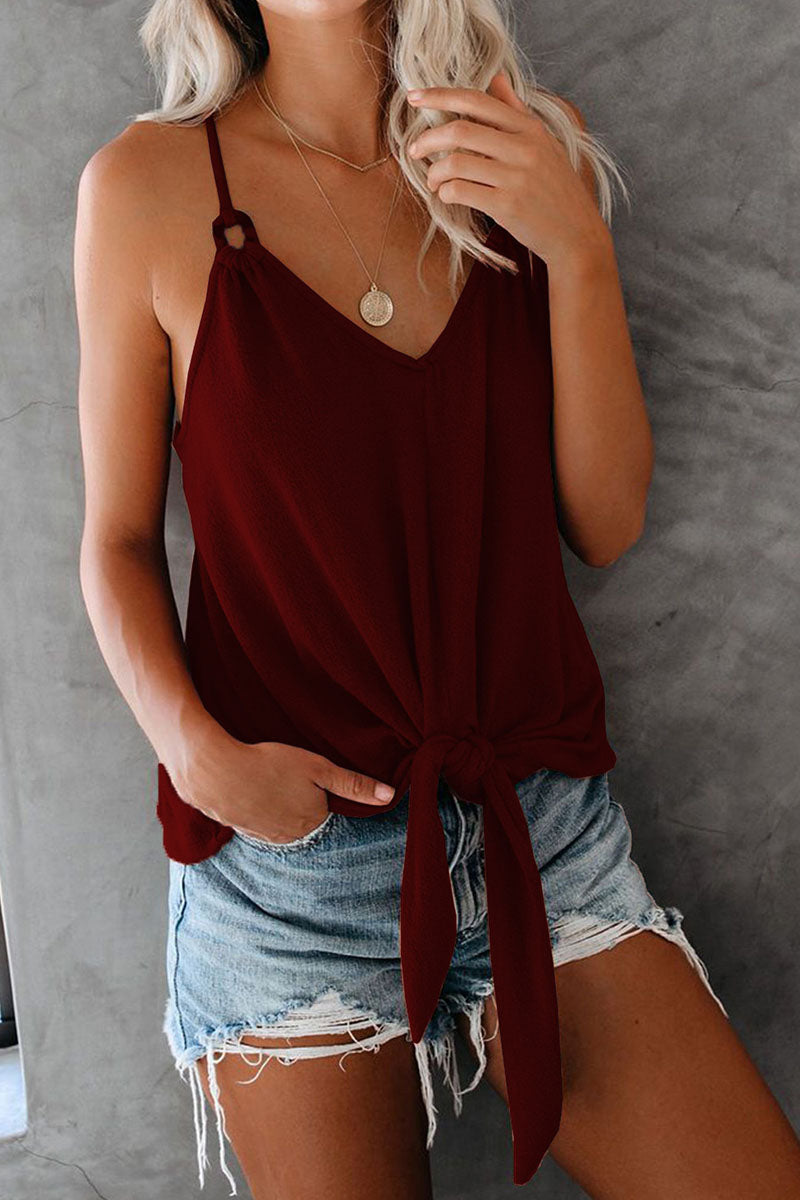 Fashion Street Solid Frenulum V Neck Tops