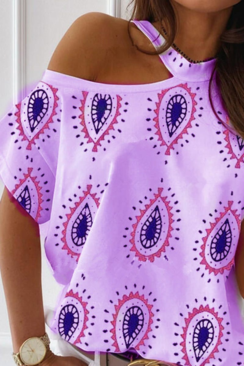 Casual Print Hollowed Out Halter T-Shirts(4 Colors)