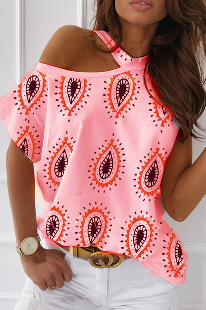 Casual Print Hollowed Out Halter T-Shirts(4 Colors)