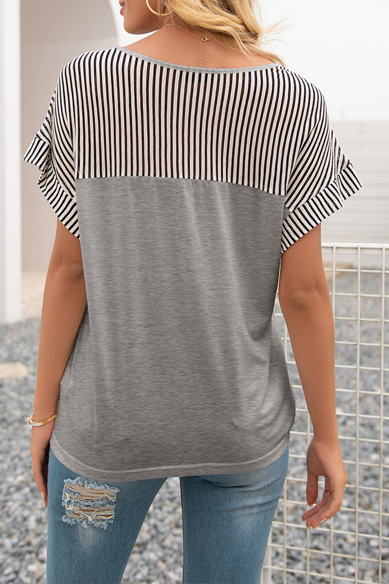 Casual Striped Split Joint V Neck T-Shirts