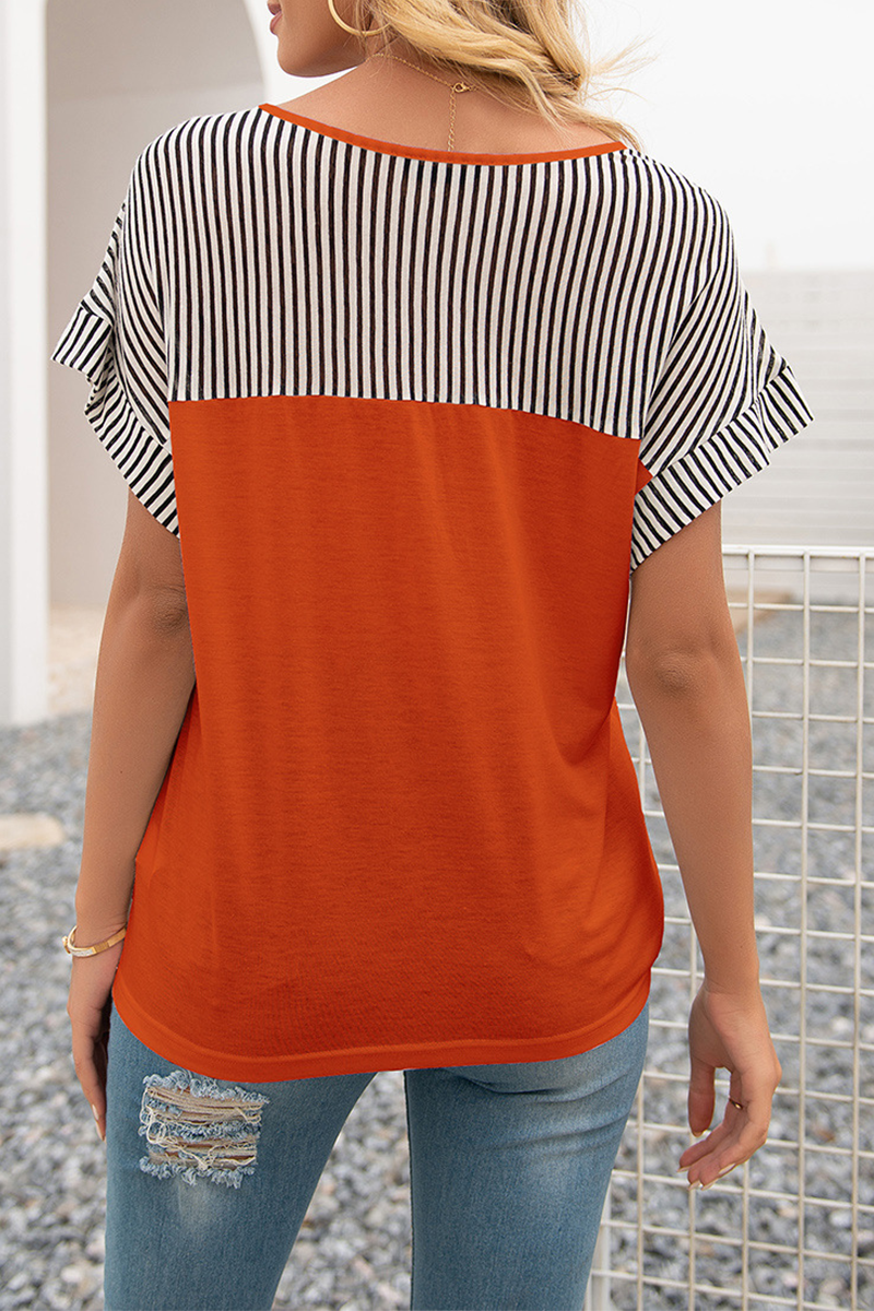 Casual Striped Split Joint V Neck T-Shirts