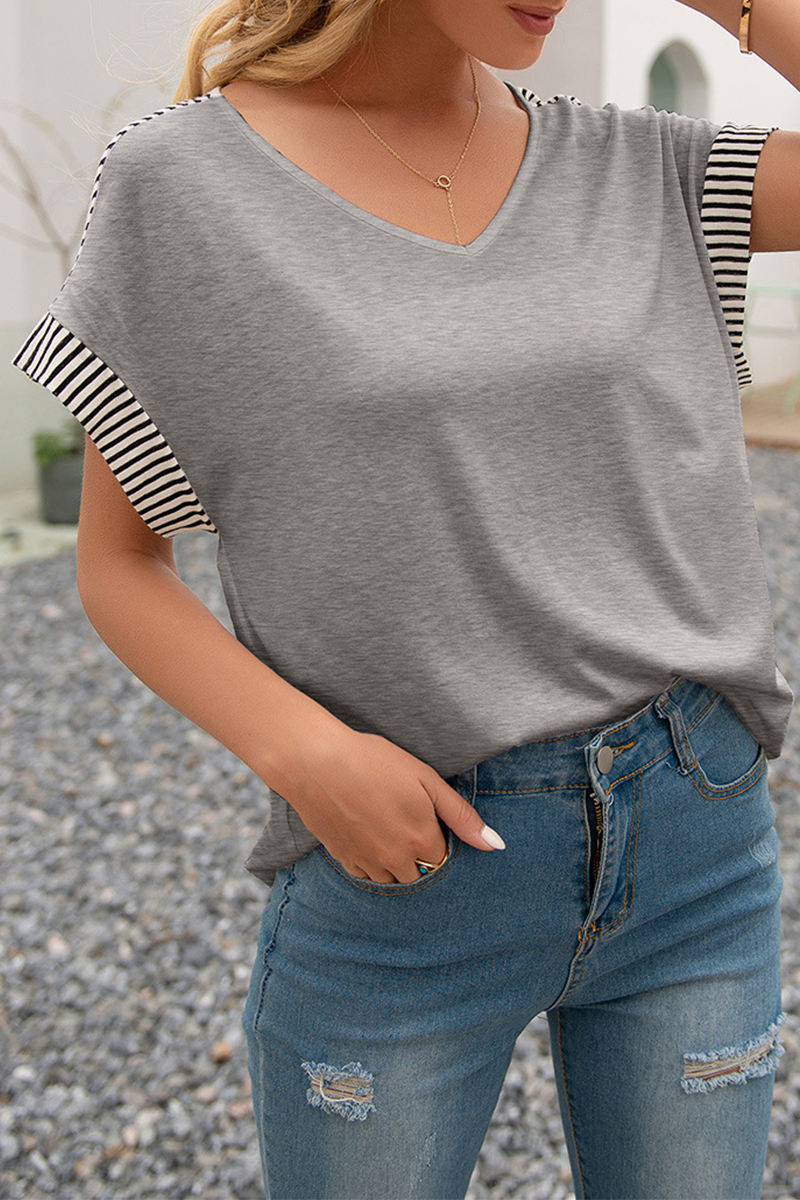 Casual Striped Split Joint V Neck T-Shirts