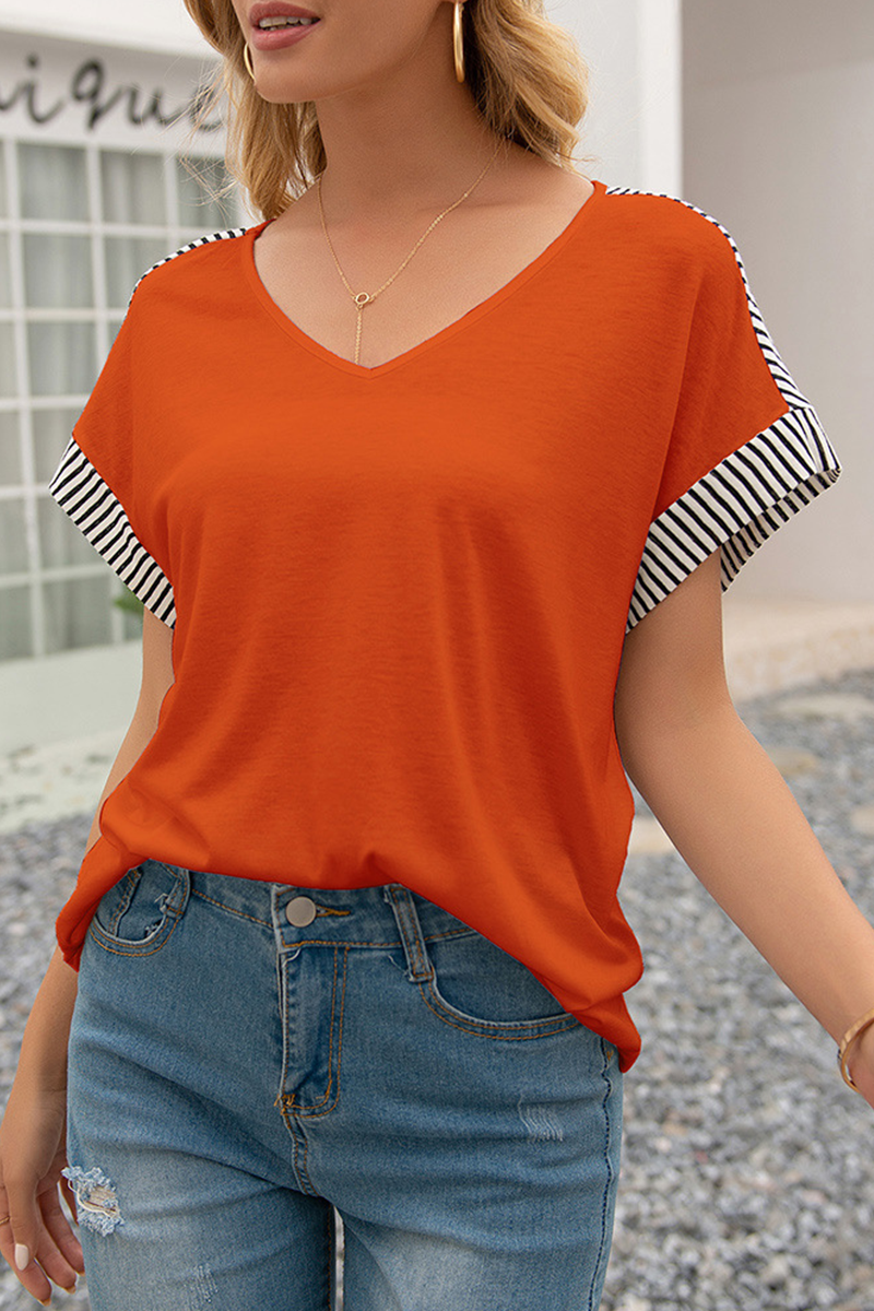 Casual Striped Split Joint V Neck T-Shirts