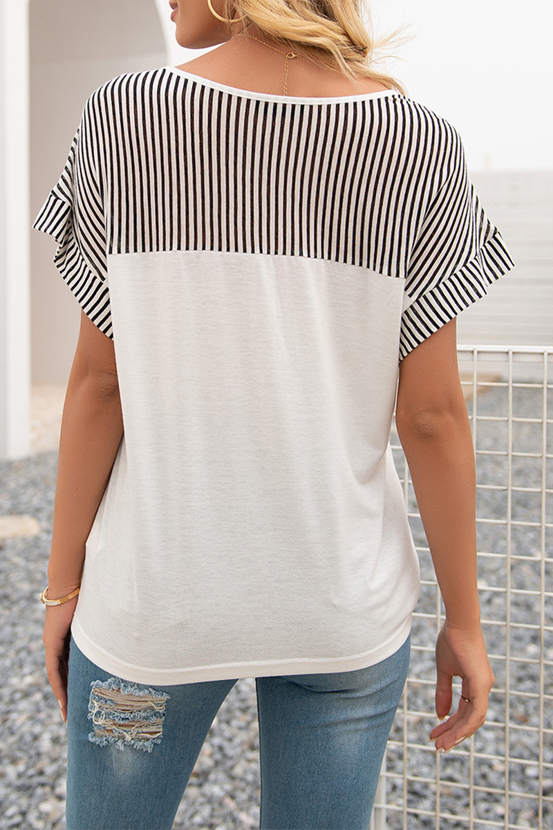 Casual Striped Split Joint V Neck T-Shirts