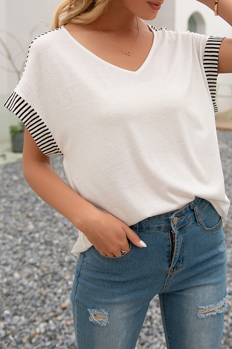 Casual Striped Split Joint V Neck T-Shirts