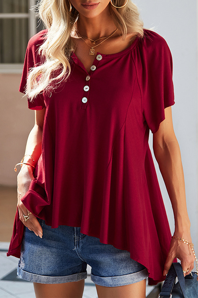 Casual Elegant Solid Buckle O Neck T-Shirts(4 Colors)