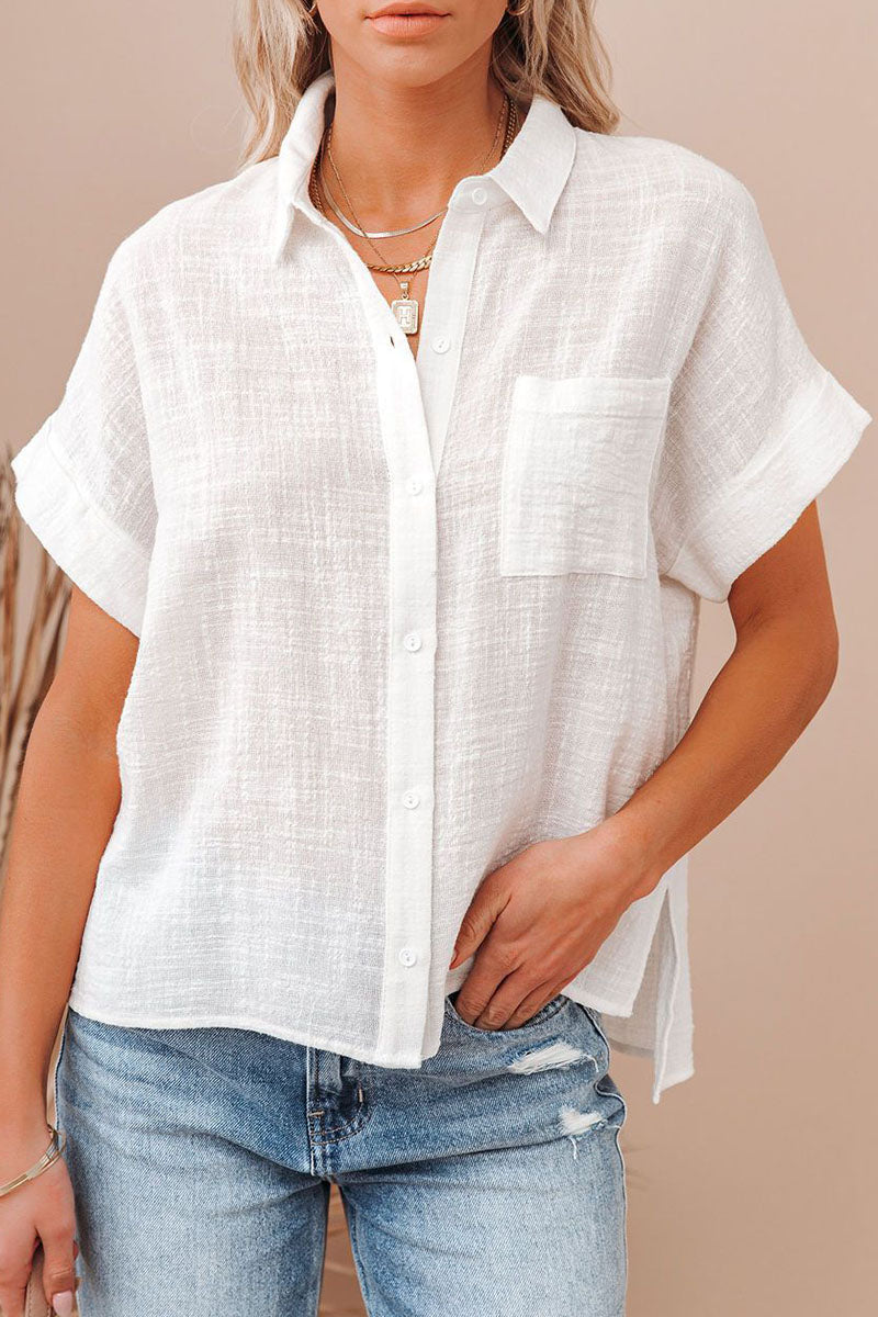 Casual Solid Split Joint Turndown Collar Tops(3 Colors)