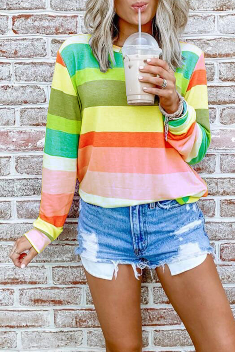 Casual Color Lump Tie Dye Basic O Neck Tops