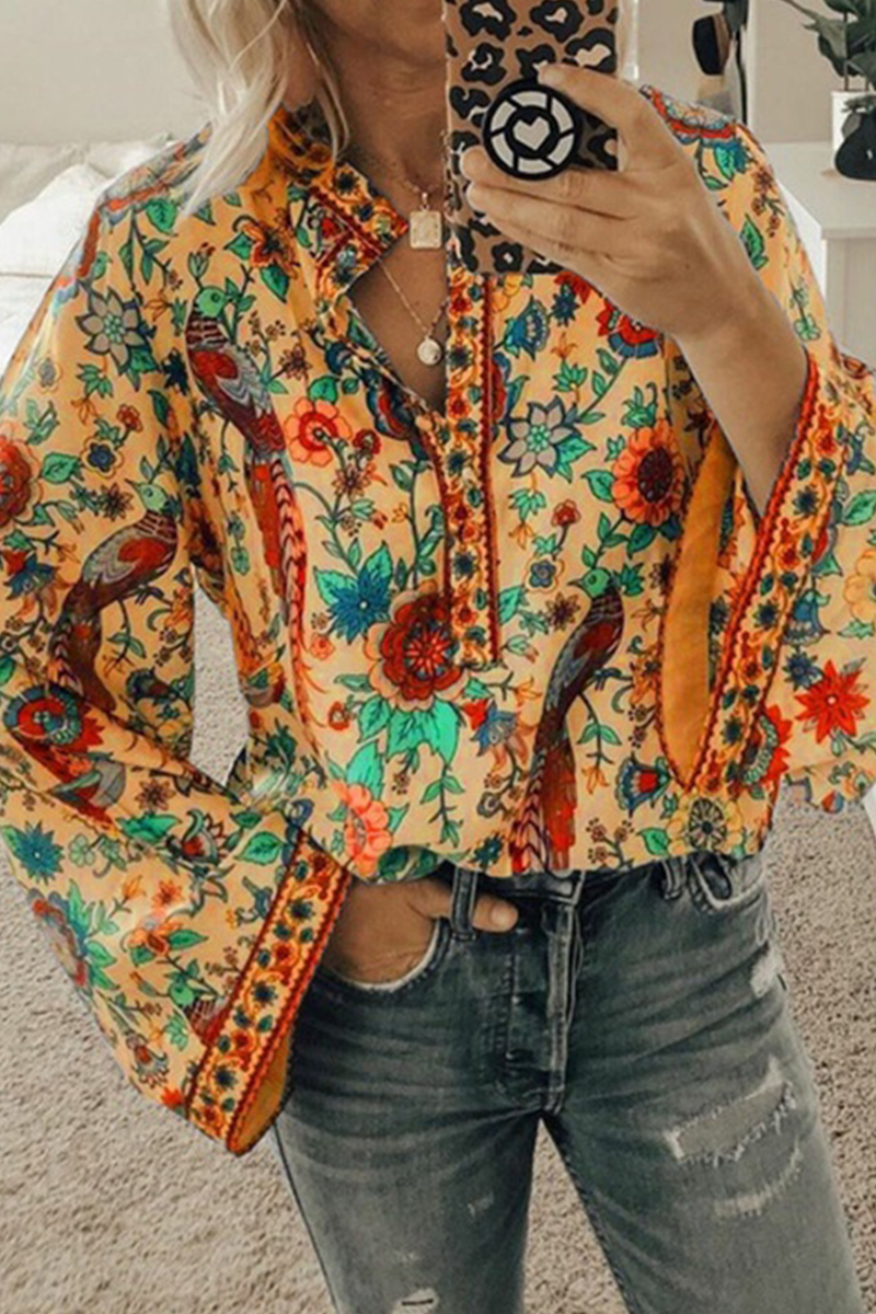 Street Print Buttons Mandarin Collar Tops(9 Colors)