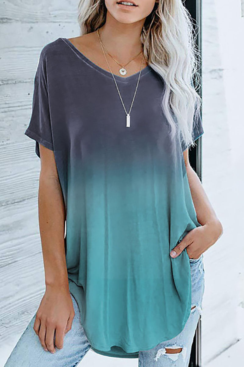 Fashion Gradual Change Split Joint V Neck T-Shirts