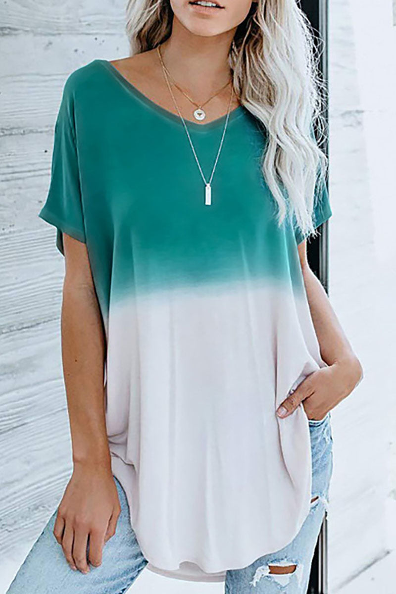 Fashion Gradual Change Split Joint V Neck T-Shirts