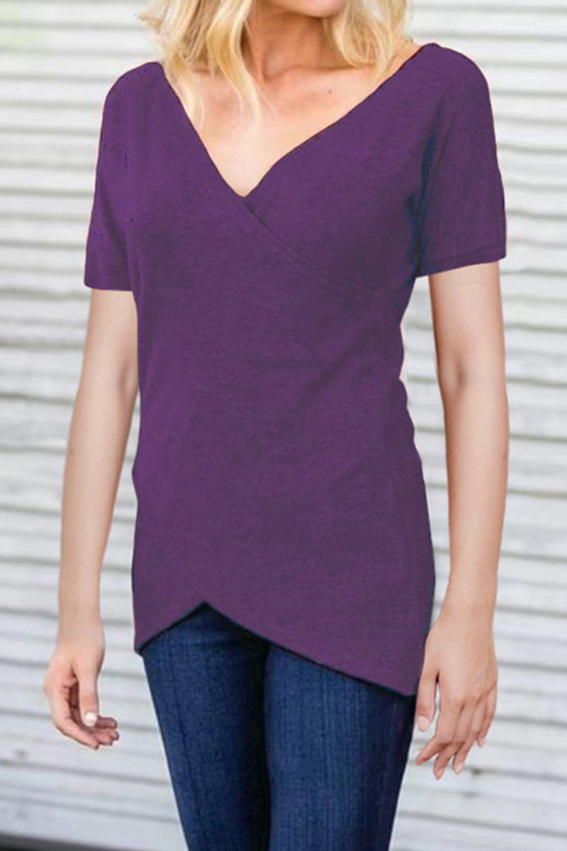 Casual Solid Color Split Joint V Neck T-Shirts(8 Colors)