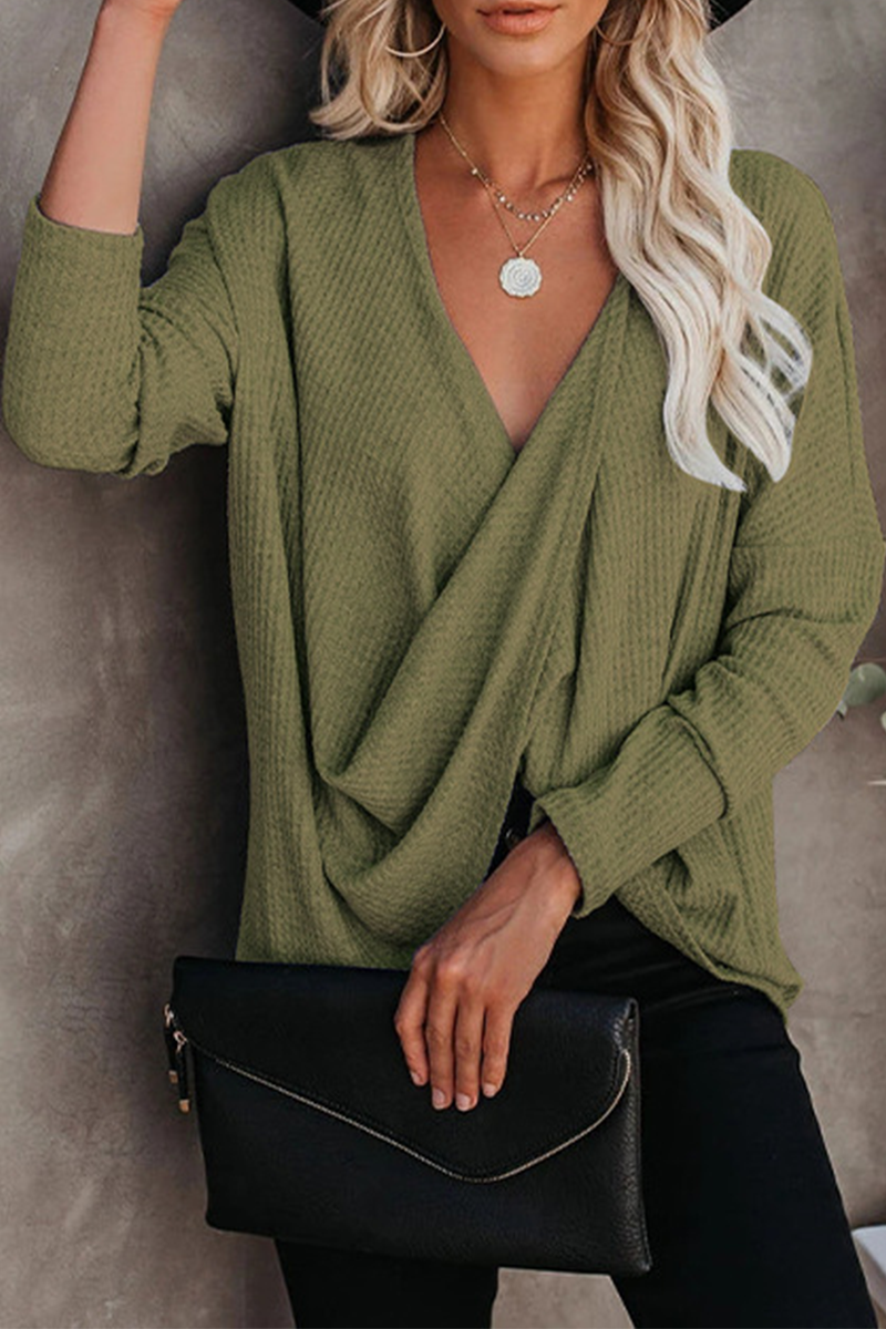 Casual Solid Fold V Neck Tops(4 Colors)