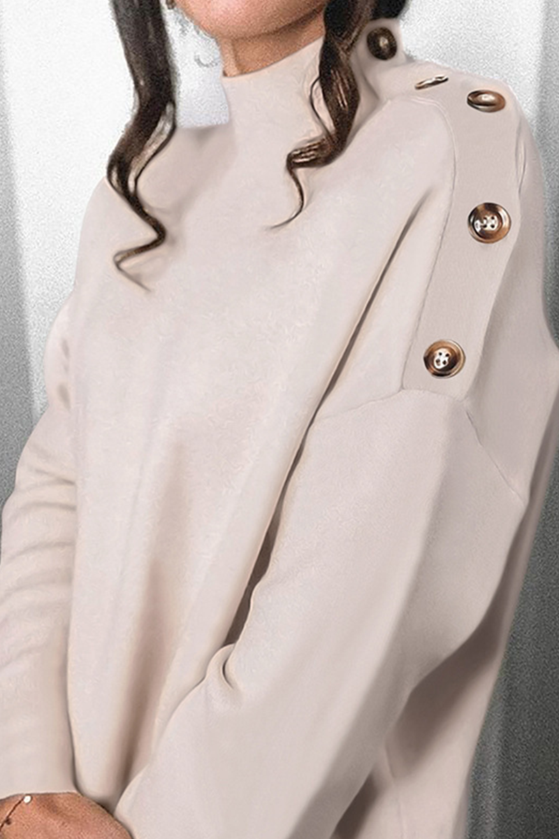 Elegant Solid Split Joint Buttons Turtleneck Tops