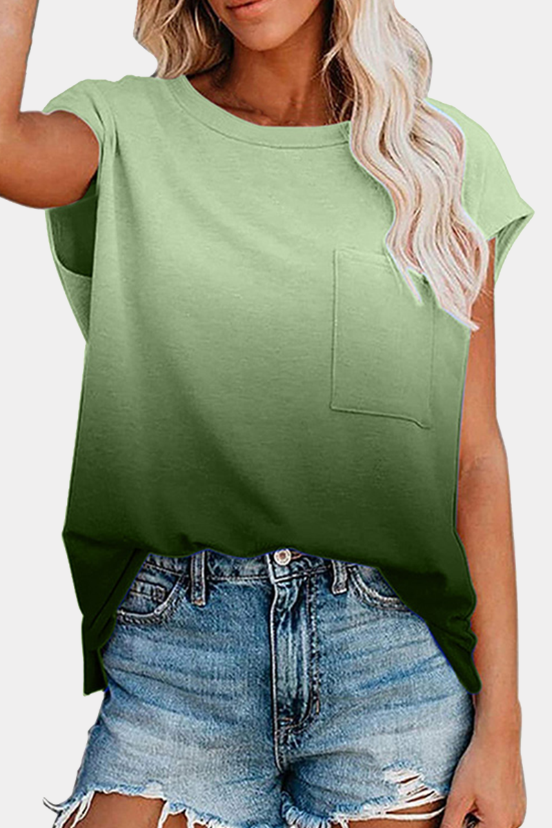 Casual Street Gradual Change Pocket O Neck T-Shirts(6 Colors)