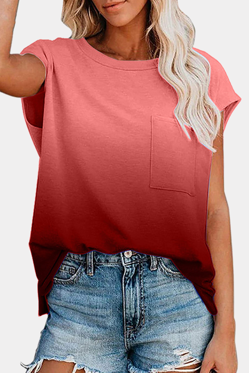 Casual Street Gradual Change Pocket O Neck T-Shirts(6 Colors)