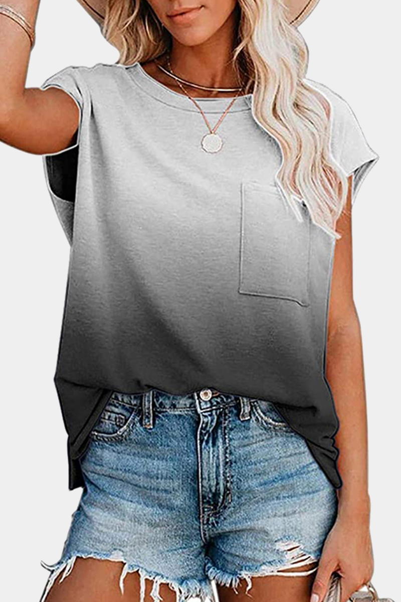 Casual Street Gradual Change Pocket O Neck T-Shirts(6 Colors)