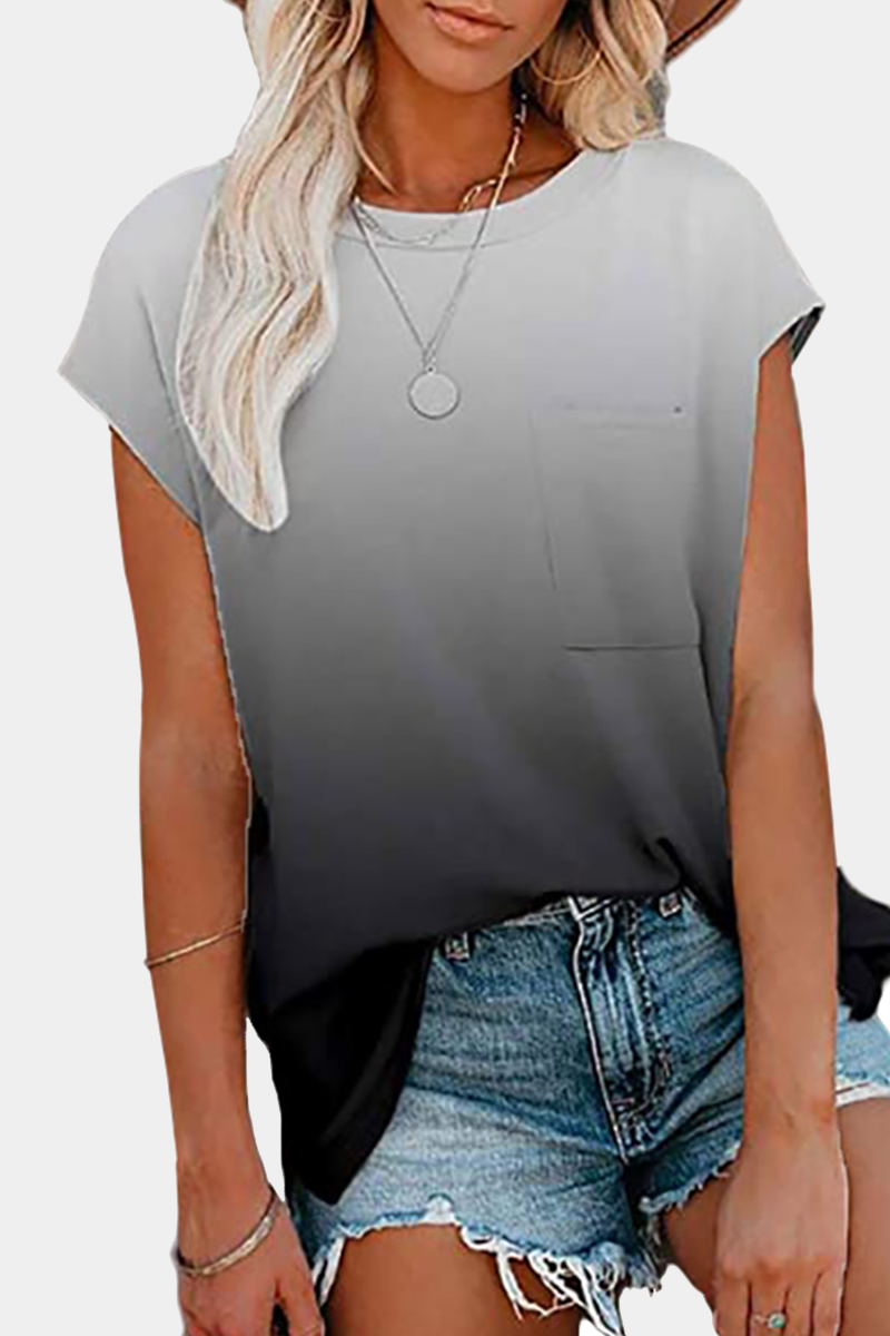 Casual Street Gradual Change Pocket O Neck T-Shirts(6 Colors)