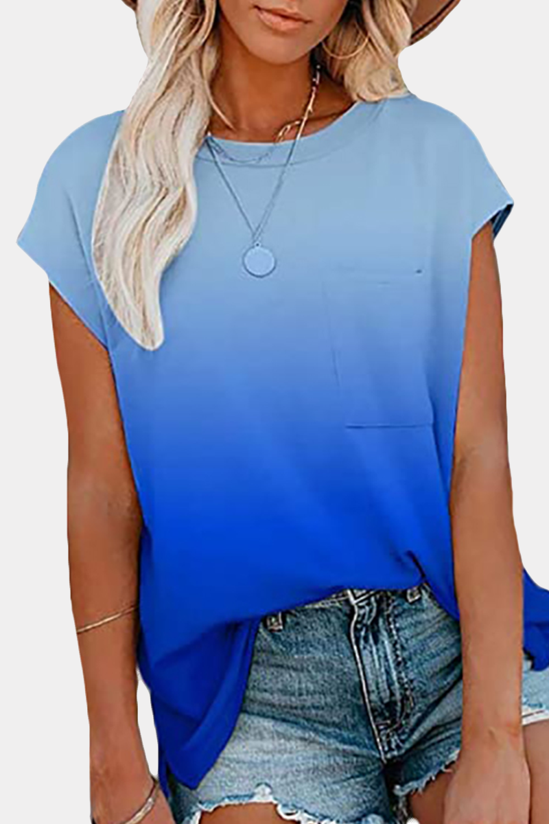 Casual Street Gradual Change Pocket O Neck T-Shirts(6 Colors)