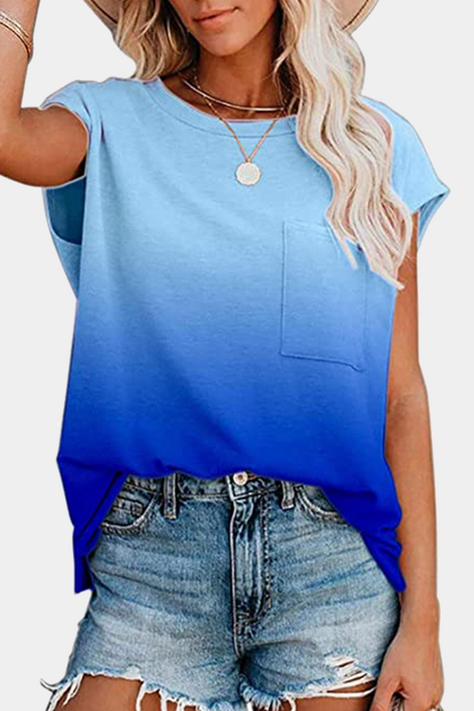 Casual Street Gradual Change Pocket O Neck T-Shirts(6 Colors)