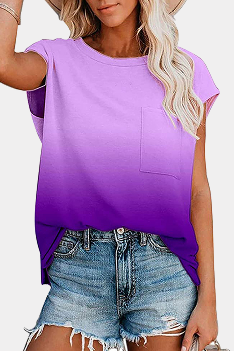 Casual Street Gradual Change Pocket O Neck T-Shirts(6 Colors)