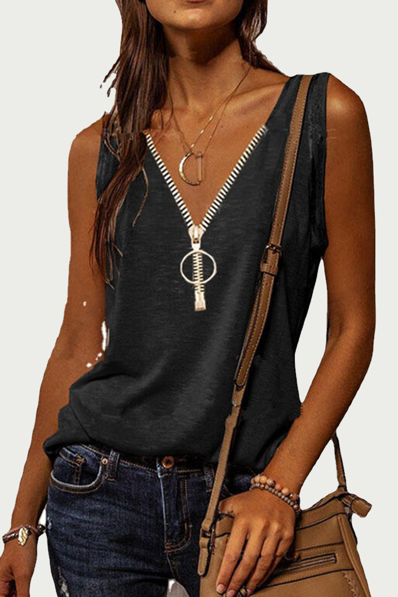 Casual Solid Zipper V Neck T-Shirts(3 Colors)