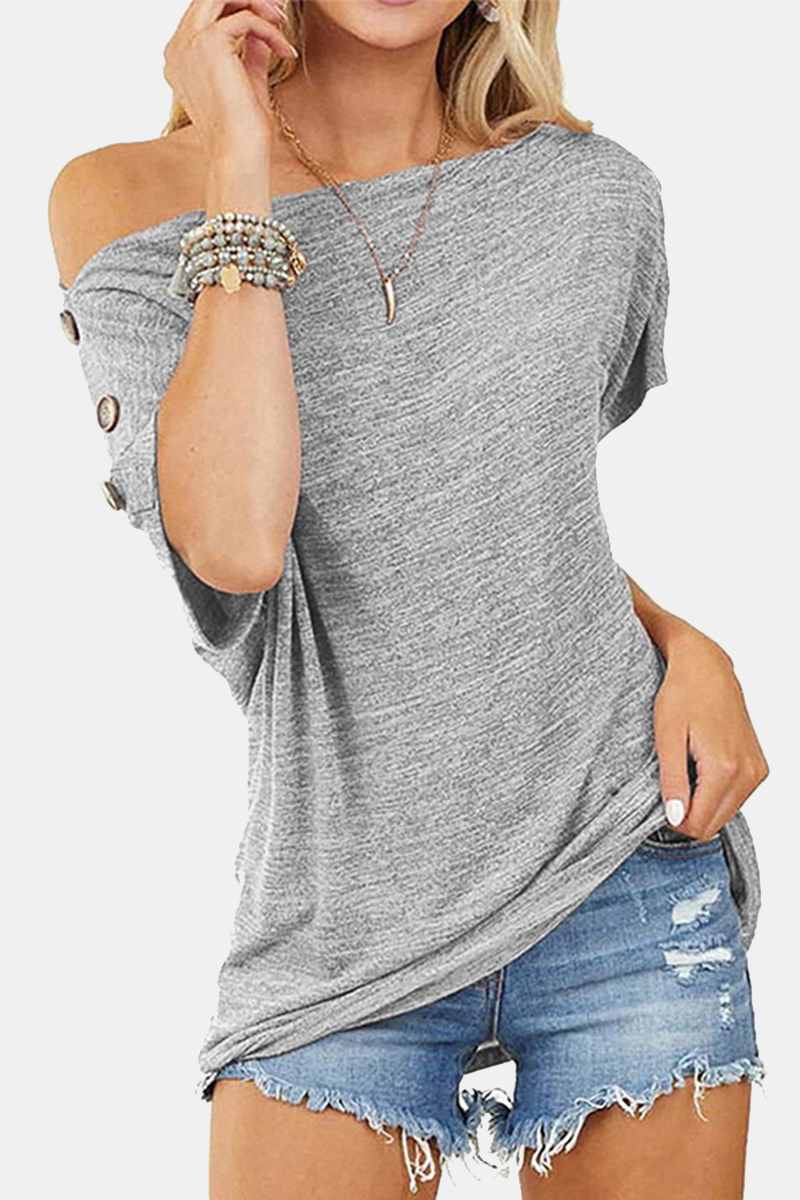 Casual Solid Split Joint Buttons Off the Shoulder T-Shirts