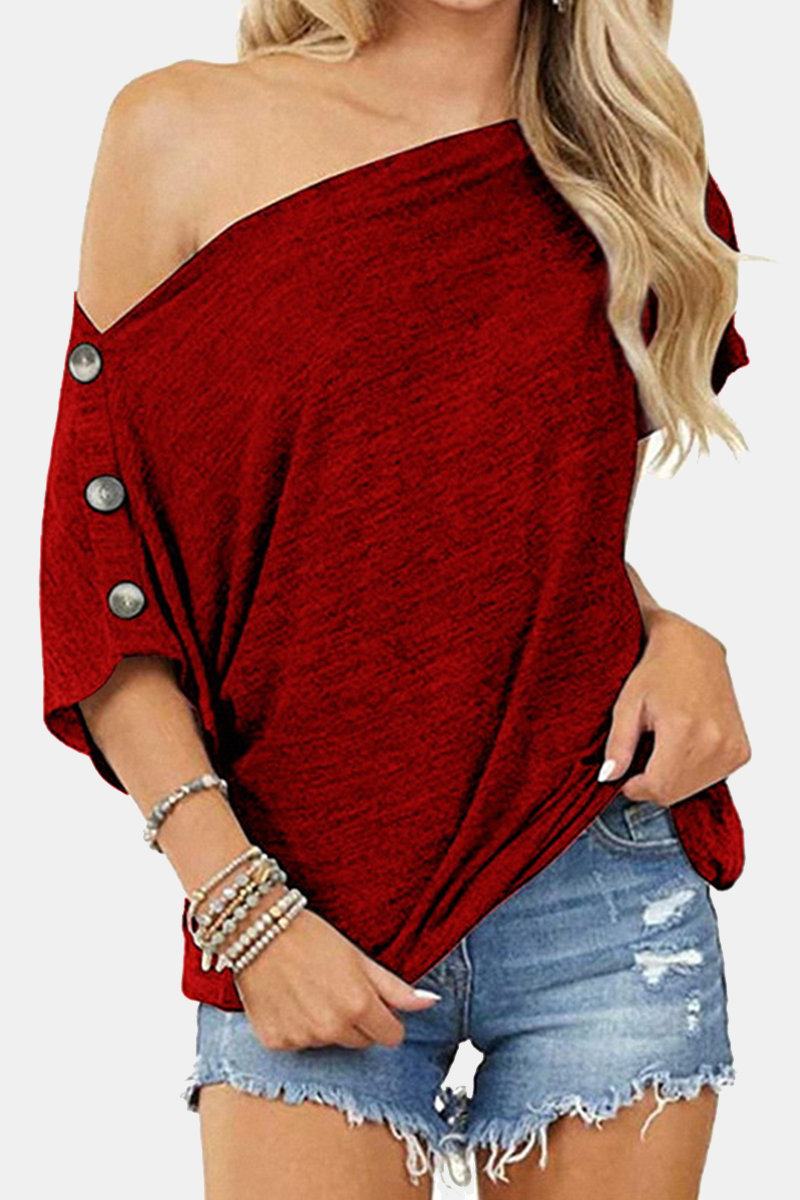 Casual Solid Split Joint Buttons Off the Shoulder T-Shirts