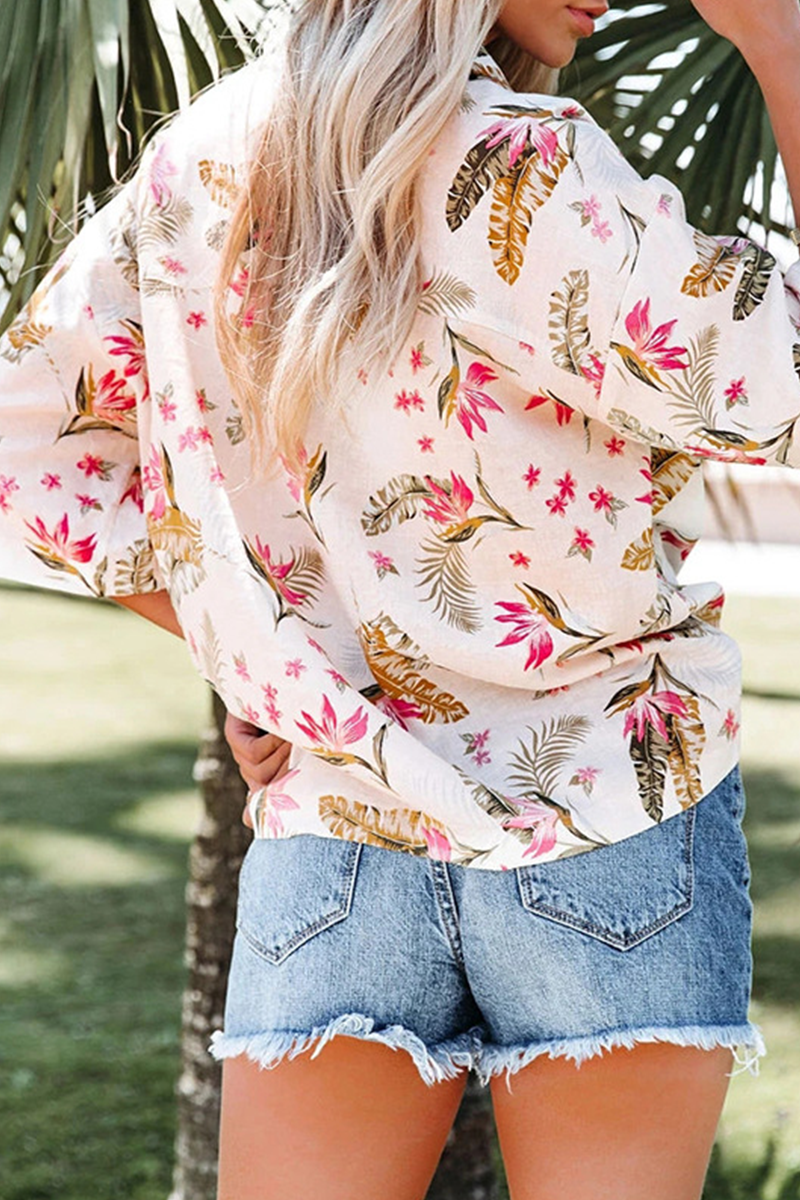 Fashion Casual Floral Pocket Buckle Shirt Collar Tops