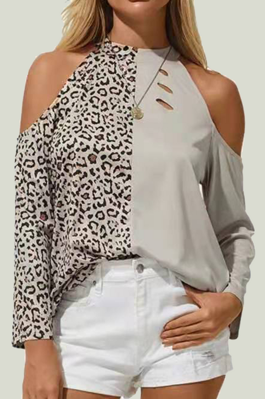 Fashion Elegant Leopard Hollowed Out O Neck Tops