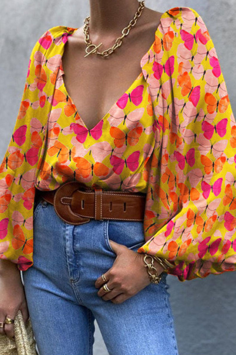 Fashion Street Print Patchwork V Neck Tops