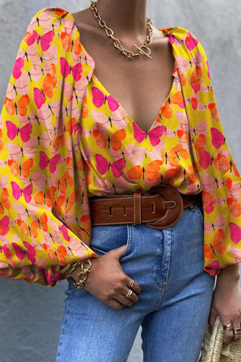 Fashion Street Print Patchwork V Neck Tops