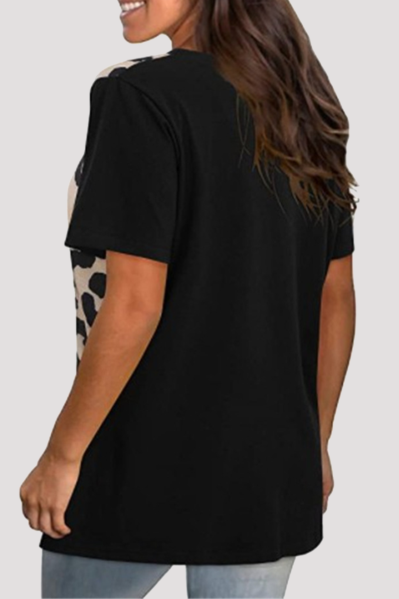 Casual Patchwork Leopard Contrast O Neck T-Shirts(4 Colors)