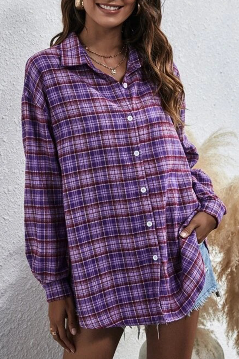 Casual Street Plaid Buckle Shirt Collar Blouses(13 Colors)