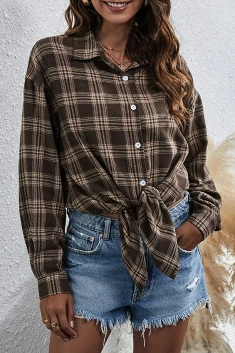 Casual Street Plaid Buckle Shirt Collar Blouses(13 Colors)