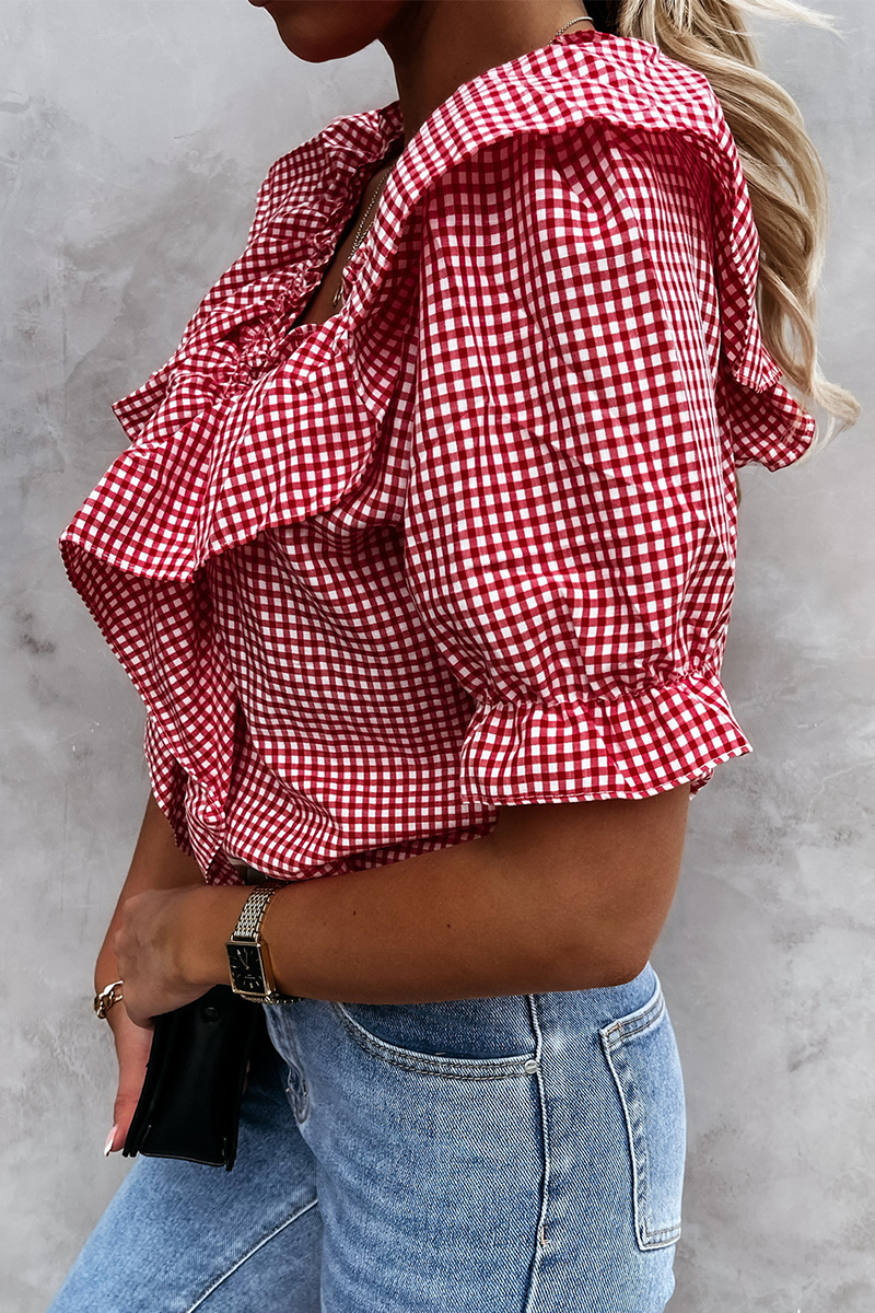 Casual Plaid Split Joint Flounce V Neck Tops(3 Colors)