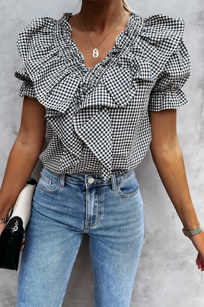 Casual Plaid Split Joint Flounce V Neck Tops(3 Colors)