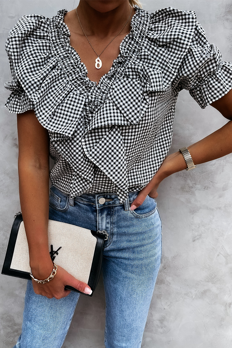 Casual Plaid Split Joint Flounce V Neck Tops(3 Colors)