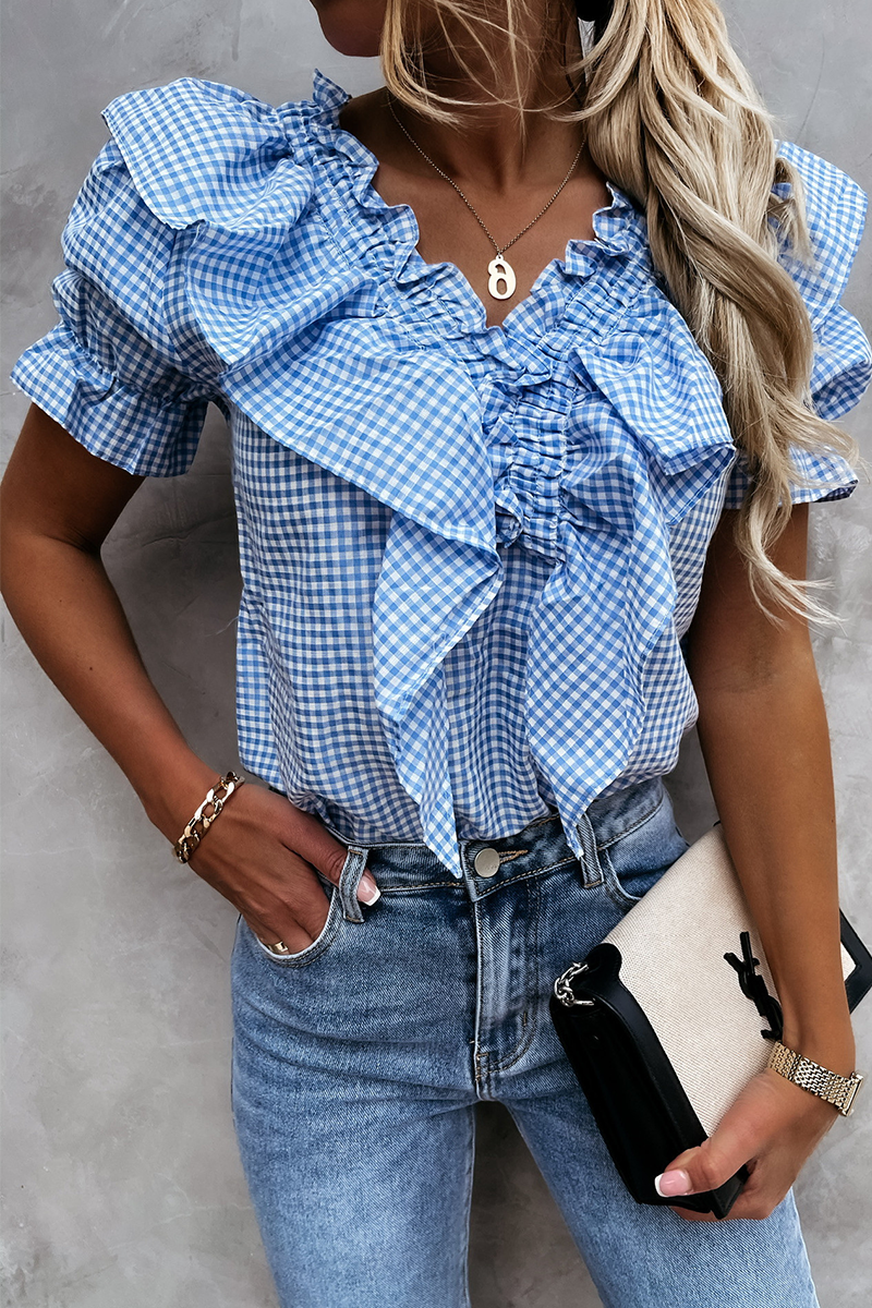 Casual Plaid Split Joint Flounce V Neck Tops(3 Colors)