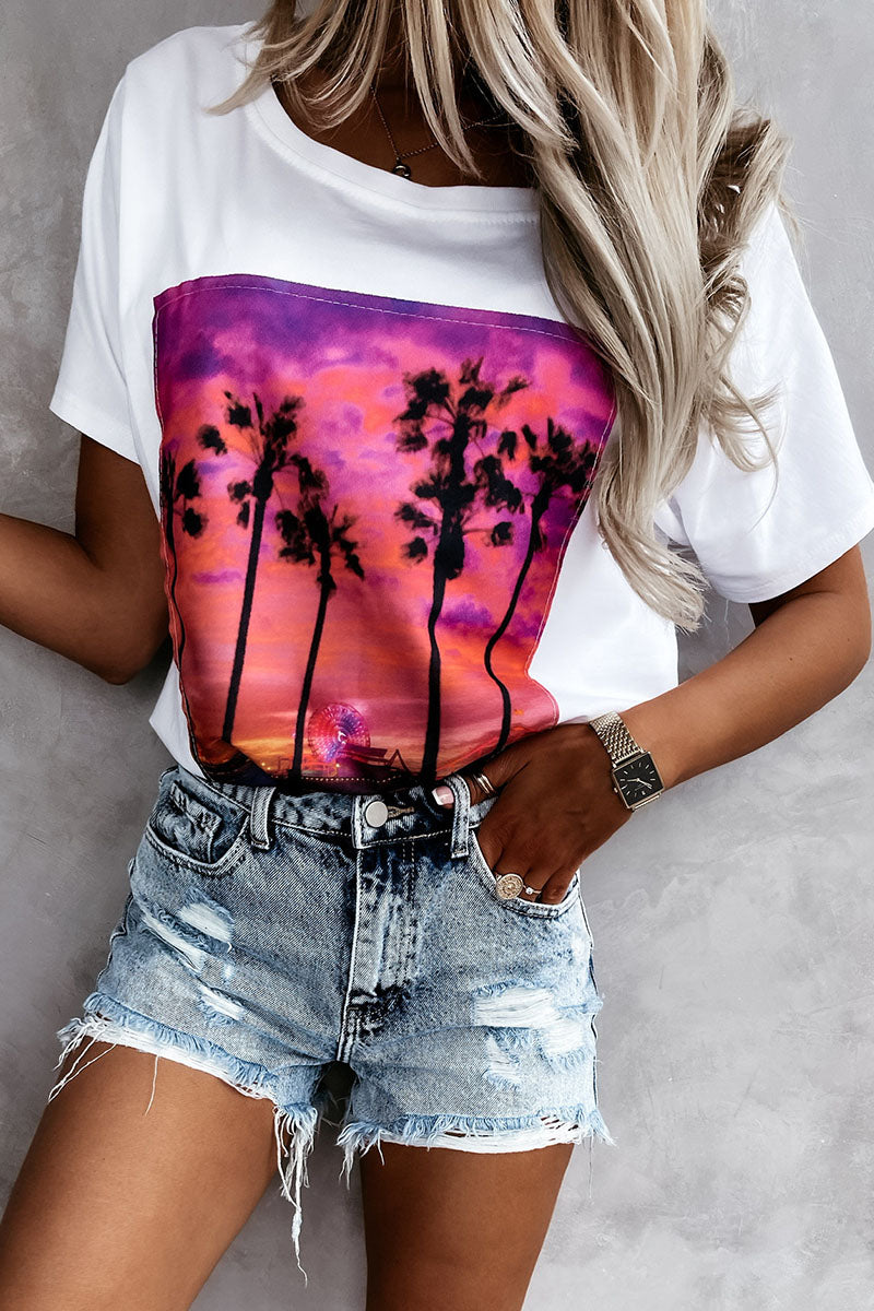 Fashion Sweet Print Split Joint O Neck T-Shirts