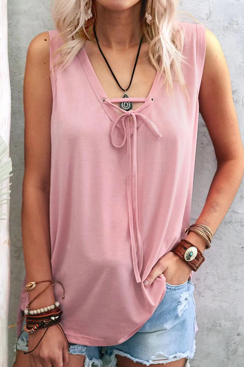 Casual Solid Frenulum V Neck Tops