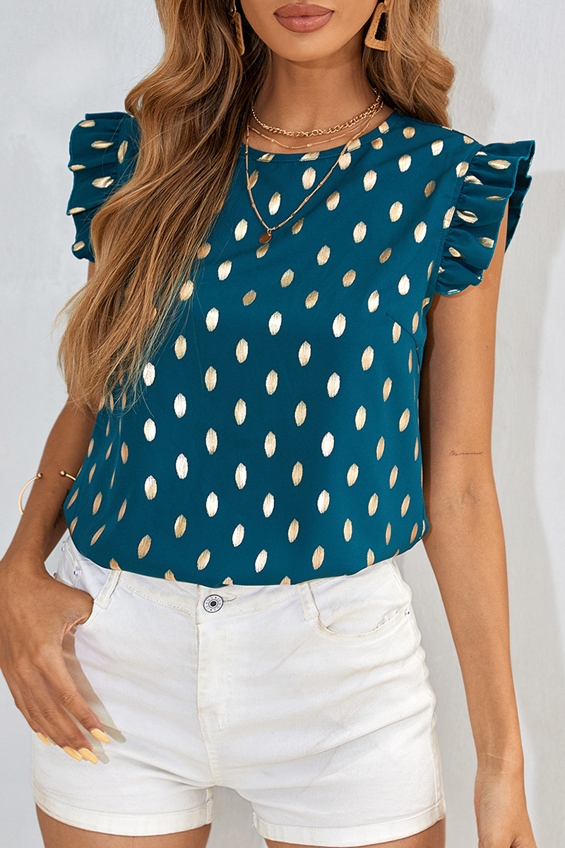 Fashion Elegant Polka Dot Patchwork Stringy Selvedge O Neck Tops