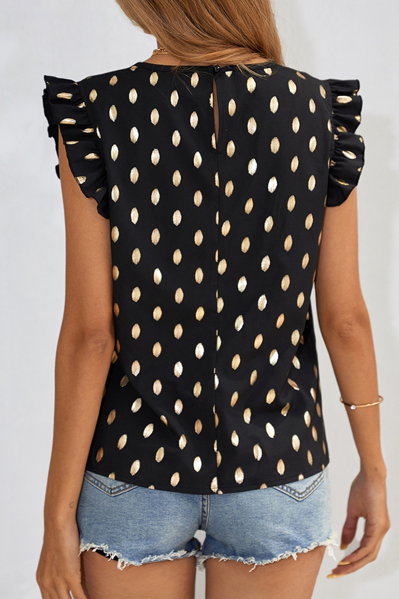 Fashion Elegant Polka Dot Patchwork Stringy Selvedge O Neck Tops